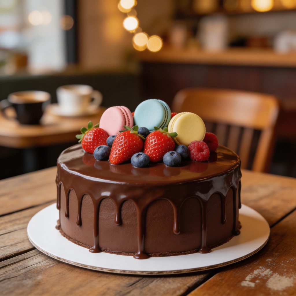 Chocolate Drip Cake with Fresh Berries & Macarons - Ble Sucre